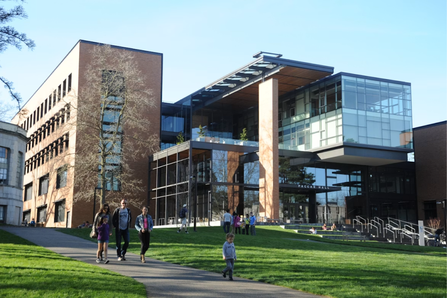 Modern university campus building with students walking outside