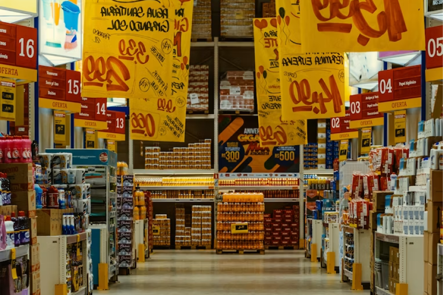 Retail store aisle with promotional banners