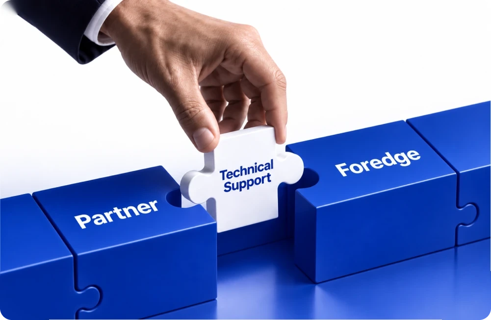 Hand placing a Technical Support puzzle piece between Partner and Foredge